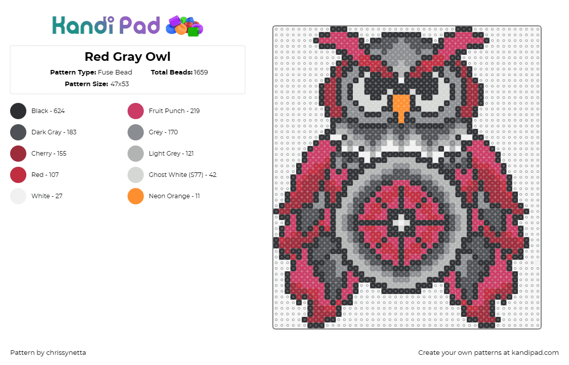 Red Gray Owl - Fuse Bead Pattern by chrissynetta on Kandi Pad - owl,edc,festival,bird,colorful,music,animal,red,gray