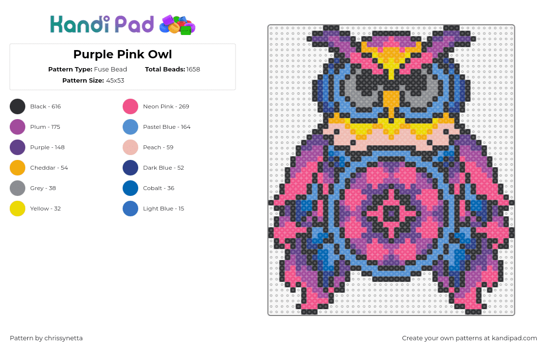 Purple Pink Owl - Fuse Bead Pattern by chrissynetta on Kandi Pad - owl,edc,festival,bird,colorful,music,animal,pink,purple,blue