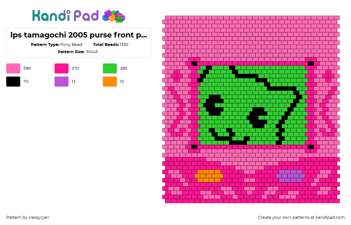 lps tamagochi 2005 purse front panel - Pony Bead Pattern by classyryan on Kandi Pad - tamagotchi,bag,purse,panel,gaming,retro,classic,nostalgia,green,pink