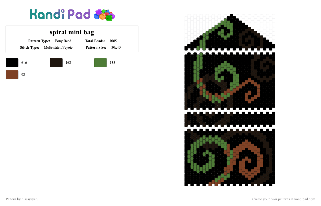 spiral mini bag - Pony Bead Pattern by classyryan on Kandi Pad - black,green,brown