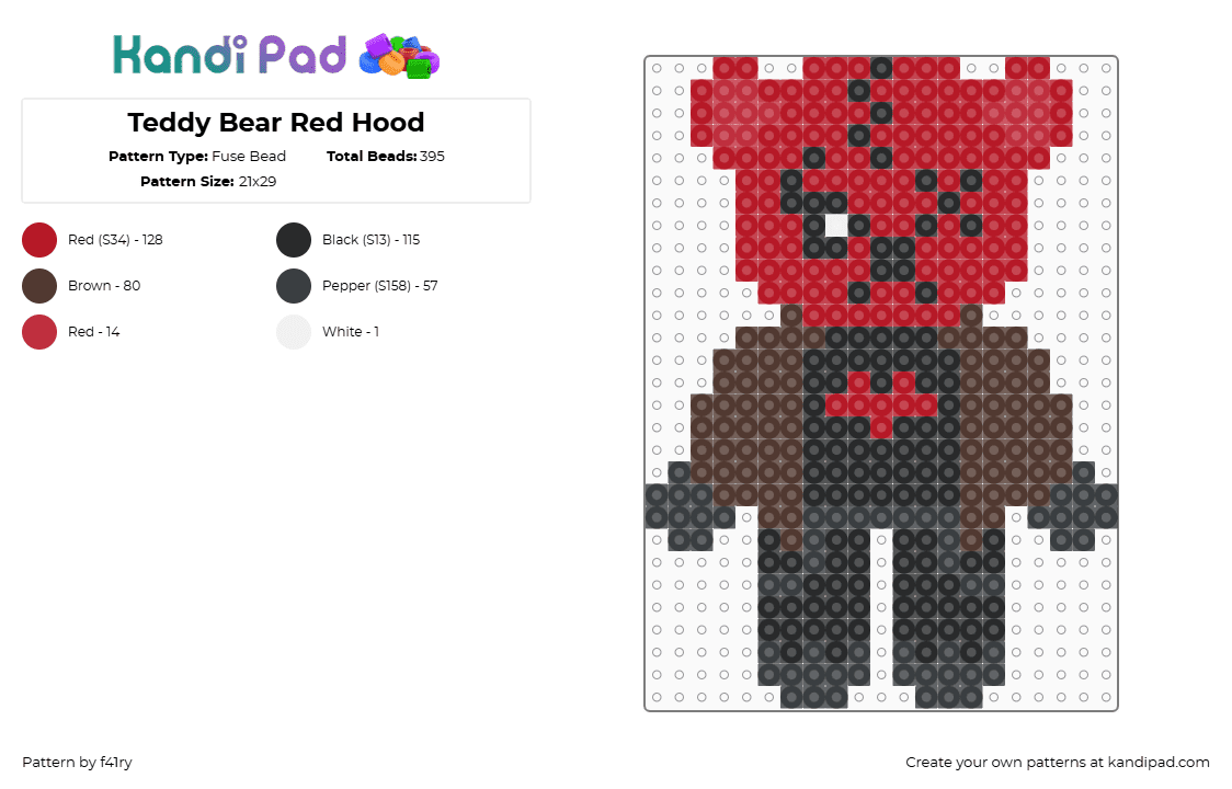 Teddy Bear Red Hood - Fuse Bead Pattern by f41ry on Kandi Pad - red,brown,red hood,jason todd,dc comics,bear,teddy bear,plush,cute