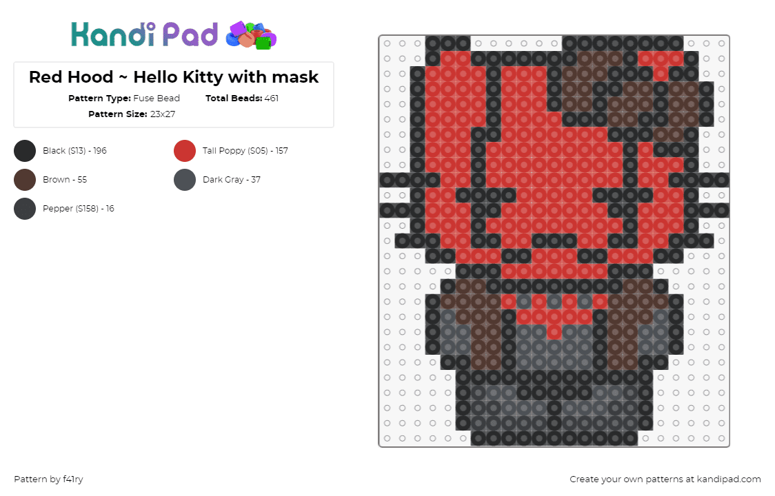 Red Hood ~ Hello Kitty with mask - Fuse Bead Pattern by f41ry on Kandi Pad - hello kitty,red hood,mashup,sanrio,superhero,dc,comic,character,kawaii,red,brown,black