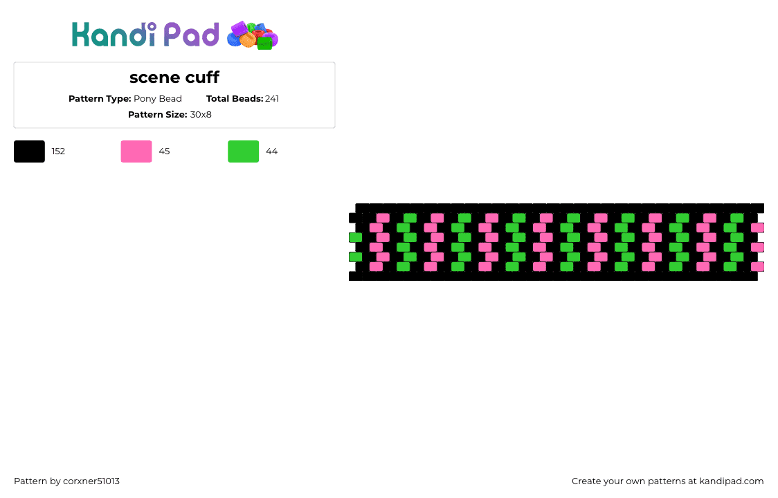 scene cuff - Pony Bead Pattern by corxner51013 on Kandi Pad - scene,vertical,stripes,cuff,emo,black,pink,green