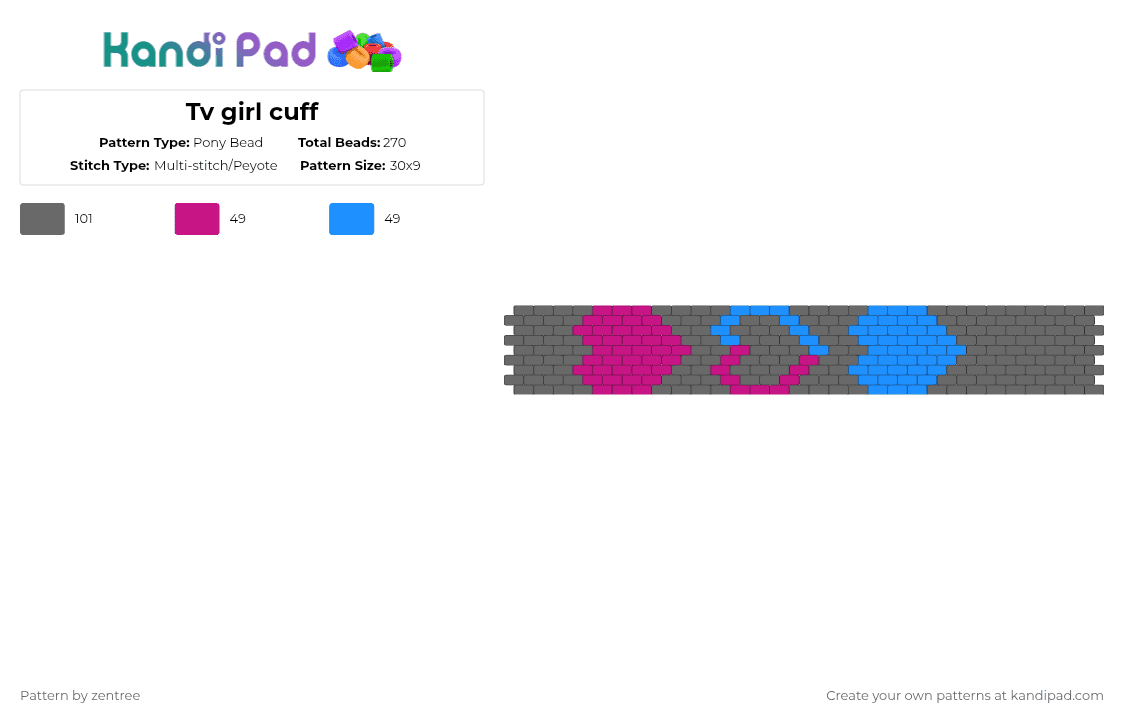 Tv girl cuff - Pony Bead Pattern by zentree on Kandi Pad - gray,cuff,tv girl,pink,blue,pink and blue