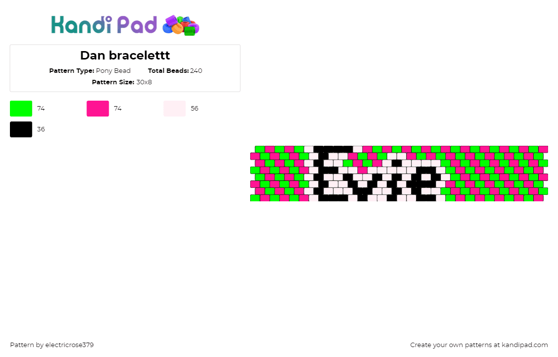 Dan bracelettt - Pony Bead Pattern by electricrose379 on Kandi Pad - evie,name,diagonal,stripes,cuff,neon,green,pink,black