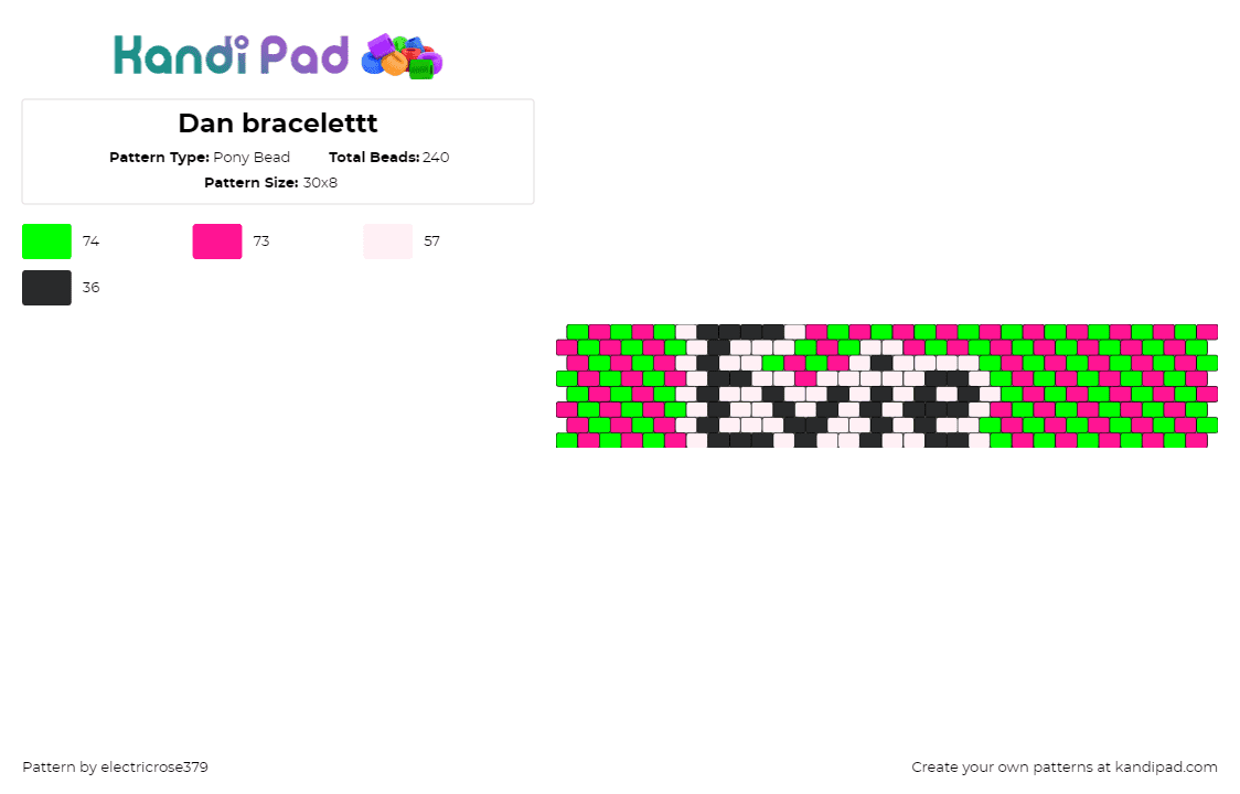 Dan bracelettt - Pony Bead Pattern by electricrose379 on Kandi Pad - evie,name,diagonal,stripes,cuff,neon,green,pink