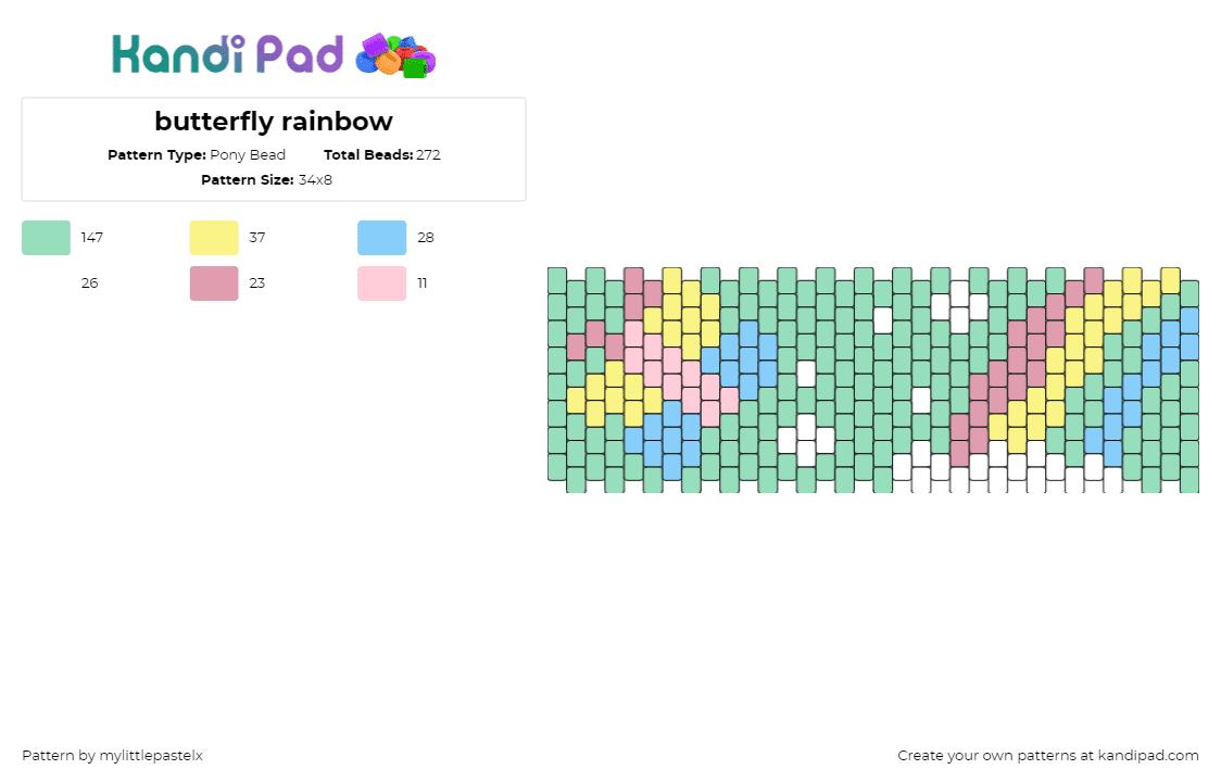 butterfly rainbow - Pony Bead Pattern by mylittlepastelx on Kandi Pad - butterfly,rainbow,pastel,colorful,cuff,spring,green,pink,yellow