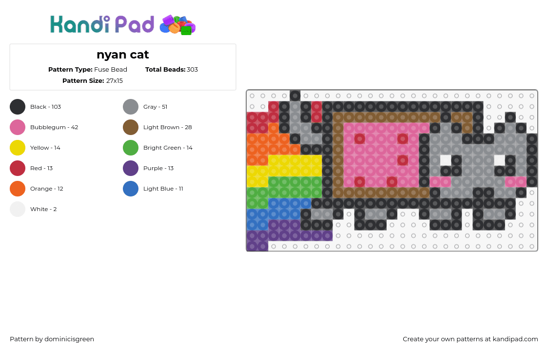 nyan cat - Fuse Bead Pattern by dominicisgreen on Kandi Pad - nyan cat poptart,meme,cute,colorful,rainbow,gray,pink