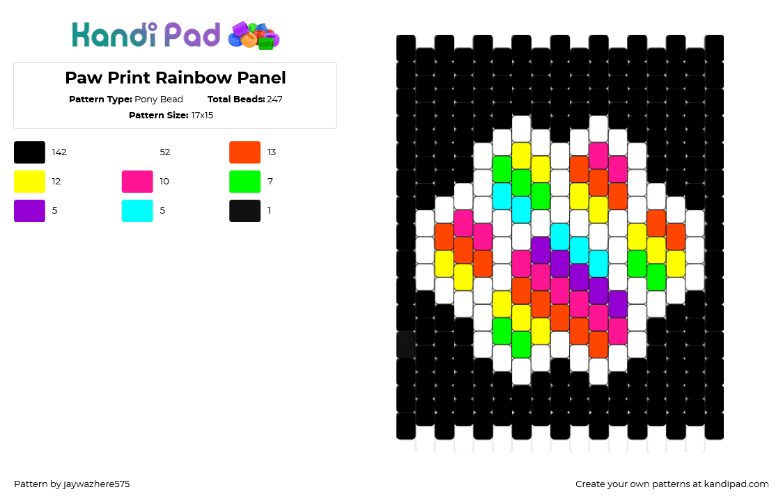 Paw Print Rainbow Panel - Pony Bead Pattern by callmec4lcifer on Kandi Pad - paw print,stripes,colorful,panel,black,white