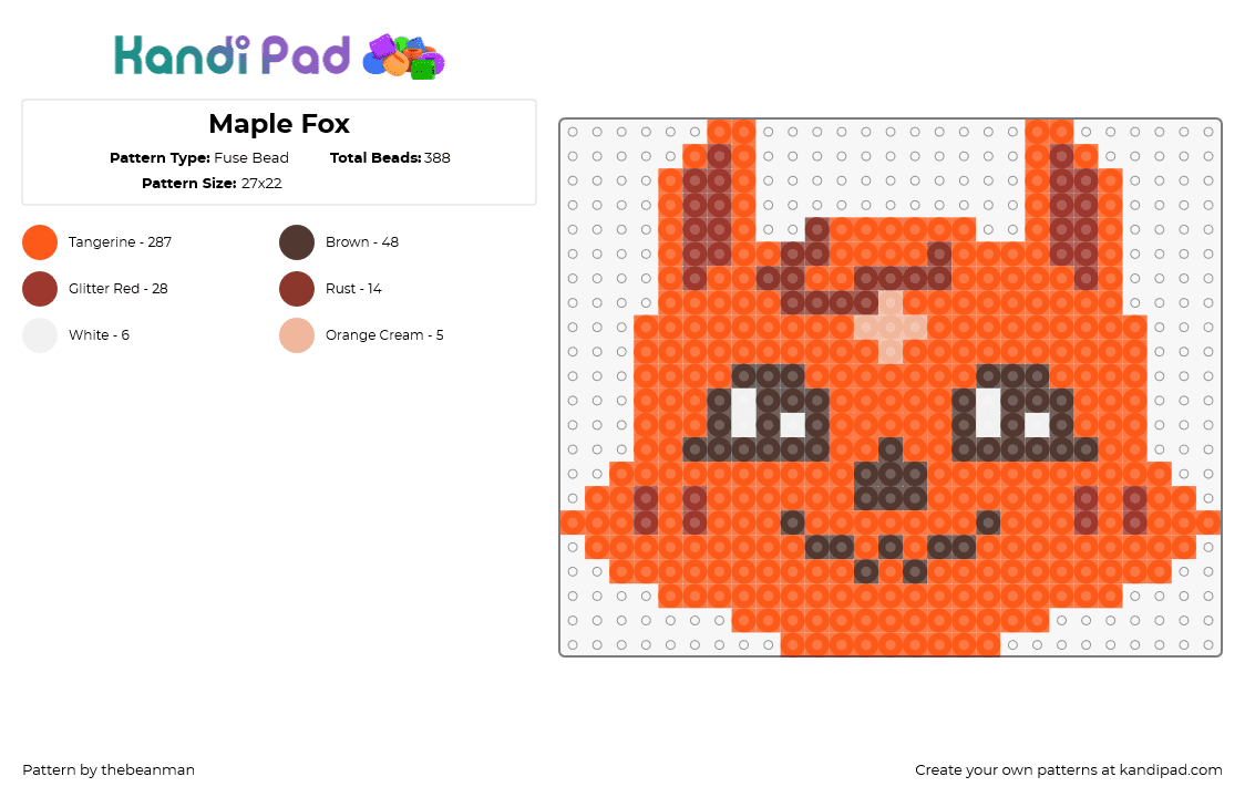 Maple Fox - Fuse Bead Pattern by thebeanman on Kandi Pad - fox,animal,cute,head,smile,orange