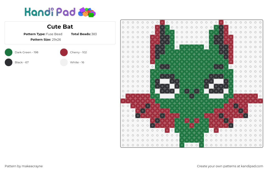 Cute Bat - Fuse Bead Pattern by makeacrayne on Kandi Pad - bat,cute,character,halloween,green,red