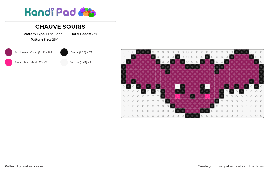 CHAUVE SOURIS - Fuse Bead Pattern by makeacrayne on Kandi Pad - bat,spooky,cute,simple,halloween,purple