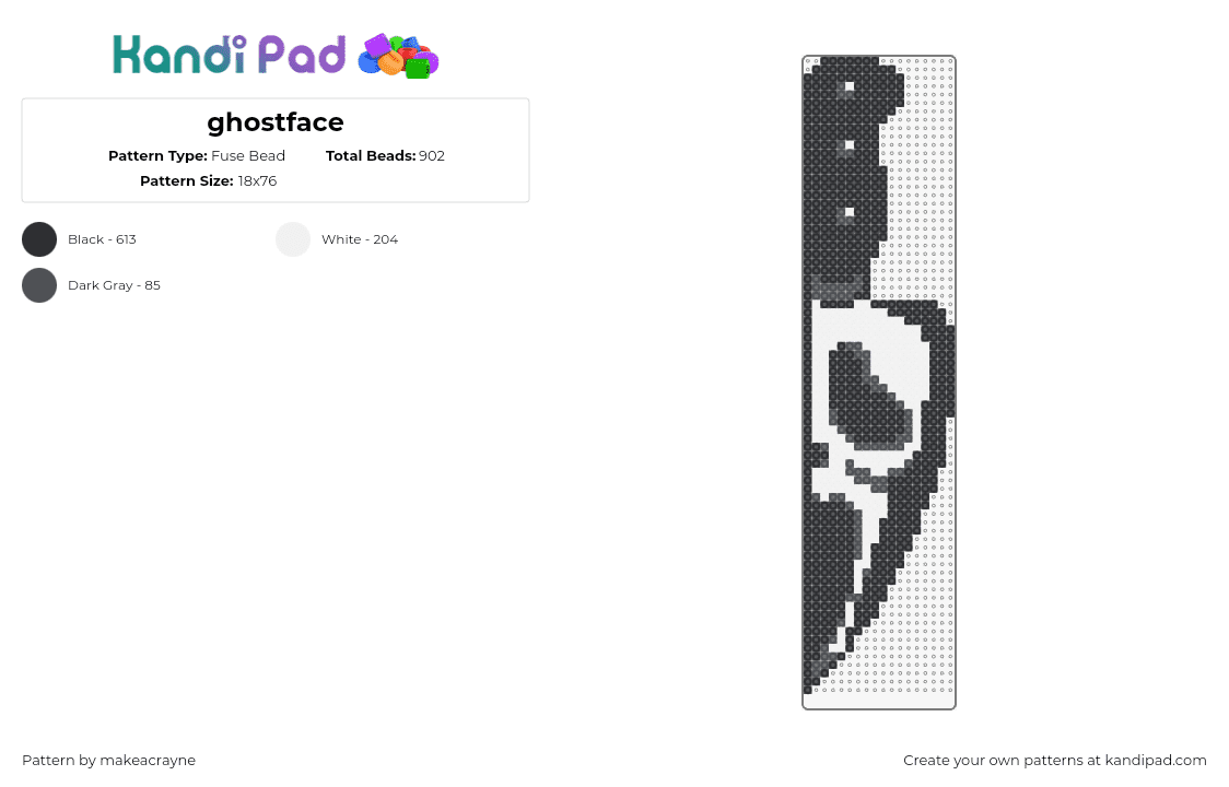 ghostface - Fuse Bead Pattern by makeacrayne on Kandi Pad - ghostface,knife,scream,weapon,horror,villain,scary,halloween,movie,slasher,black,white