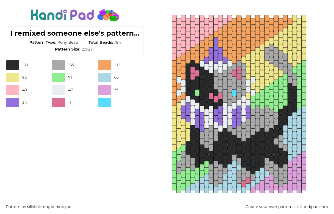 I remixed someone else\'s pattern this is not mine - Pony Bead Pattern by sillylittlebugbehindyou on Kandi Pad - cat,clown,party,parnel,colorful,stripes,black,gray,purple,orange