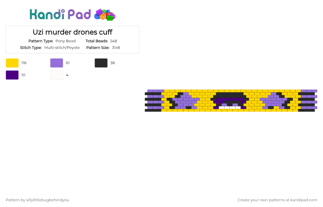 Uzi murder drones cuff - Pony Bead Pattern by sillylittlebugbehindyou on Kandi Pad - yellow,purple