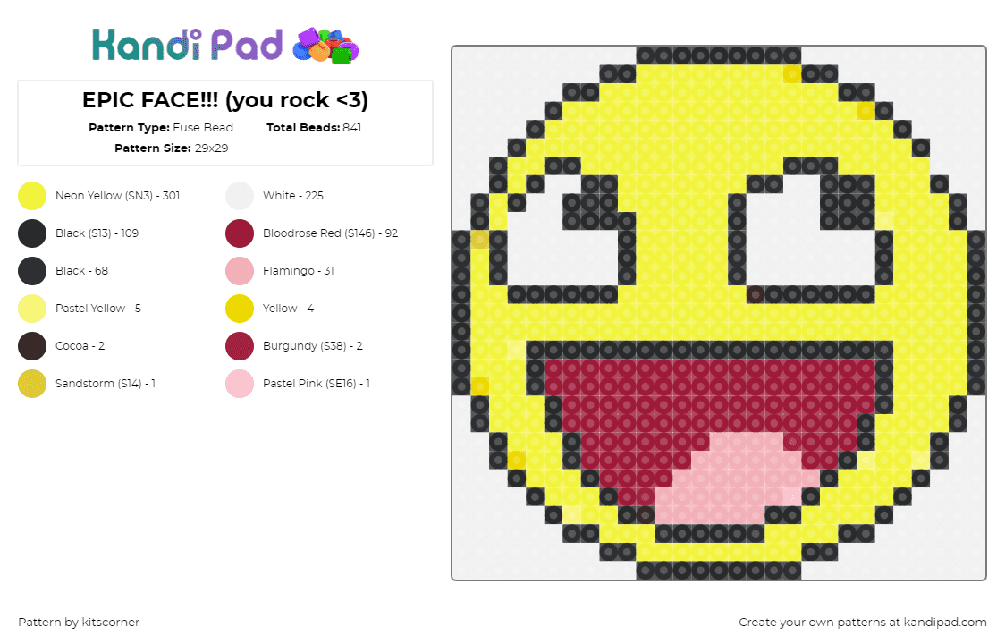 EPIC FACE!!! (you rock - Fuse Bead Pattern by kitscorner on Kandi Pad - epic face,smiley,roblox,meme,emoji,mouth,yellow,red