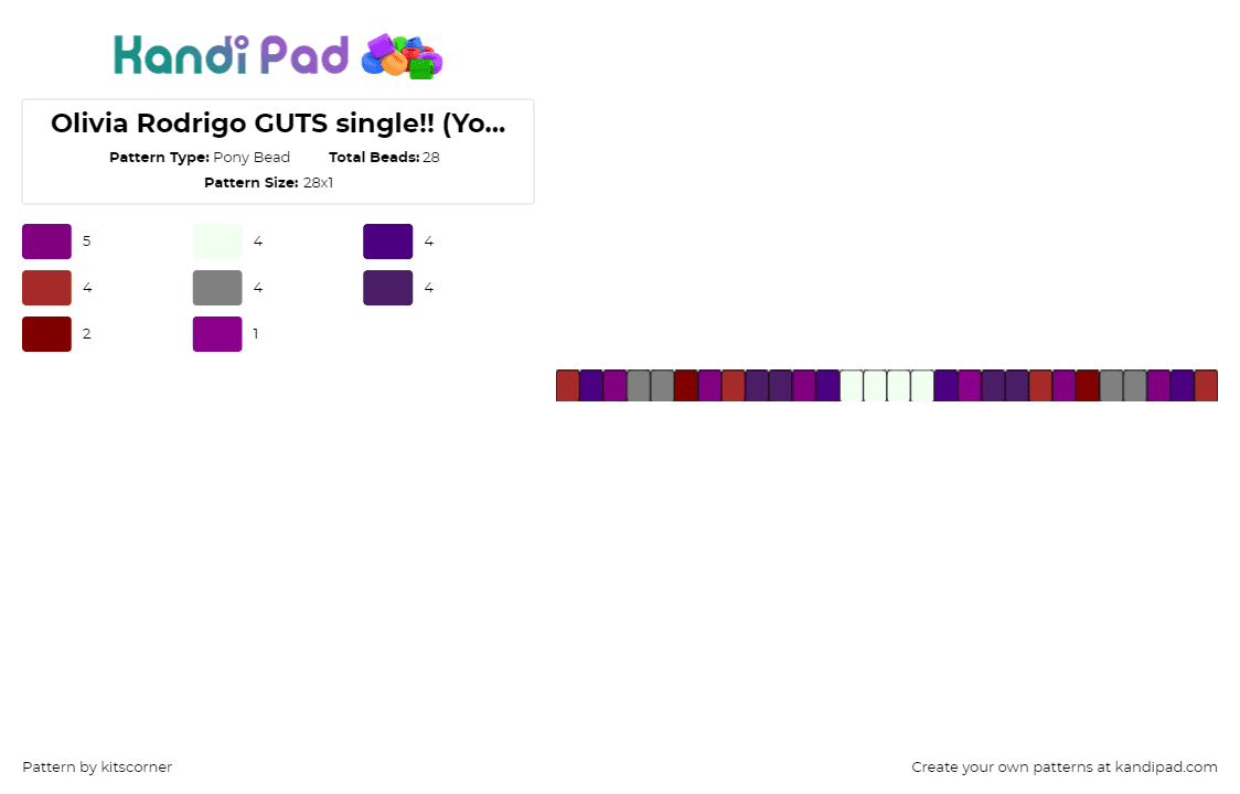 Olivia Rodrigo GUTS single!! (You rock!) - Pony Bead Pattern by kit on Kandi Pad - guts,olivia rodrigo,album,music,single,bracelet,purple,red