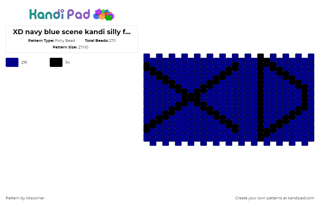 XD navy blue scene kandi silly face (you rock <3) - Pony Bead Pattern by kitscorner on Kandi Pad - xd,emoticon,emoji,face,laugh,blue