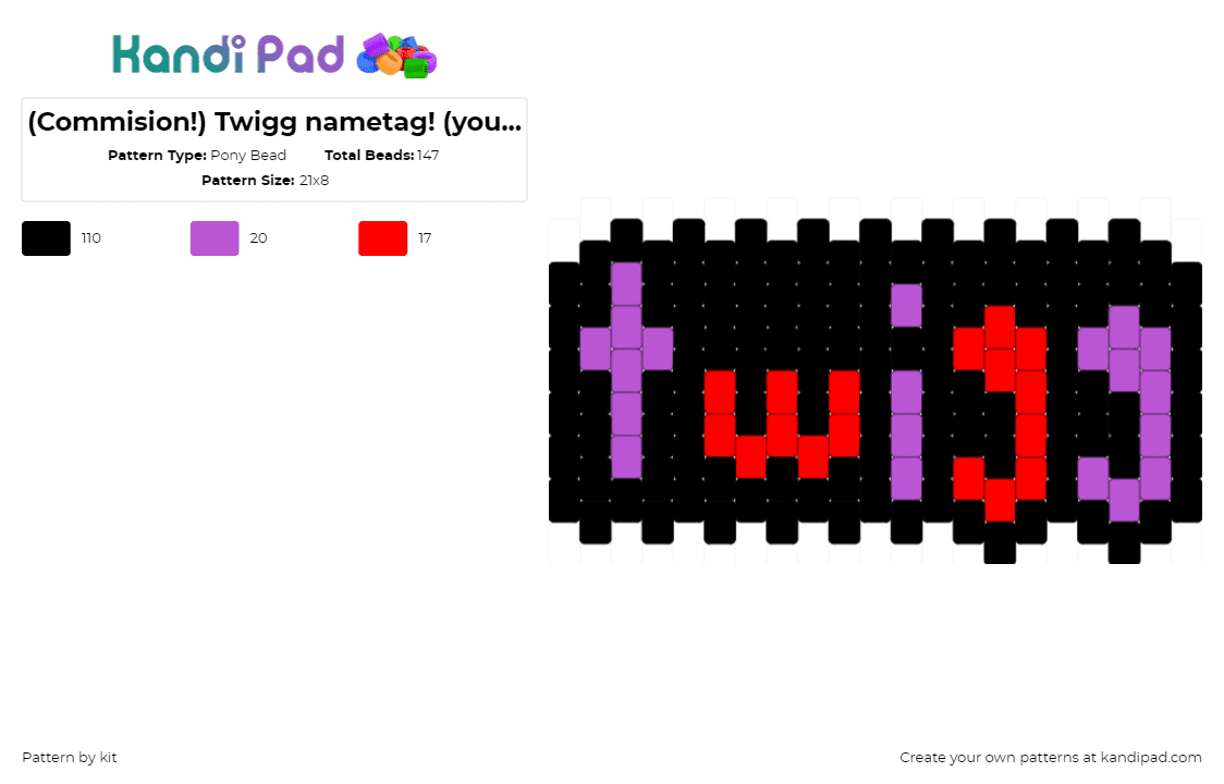 (Commision!) Twigg nametag! (you rock!) - Pony Bead Pattern by kit on Kandi Pad - twigg,name,text,charm,black,purple,red