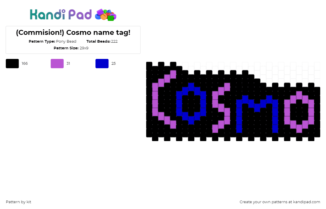 (Commision!) Cosmo name tag! (you Rock!) - Pony Bead Pattern by kit on Kandi Pad - cosmo,name,text,charm,black,purple,blue