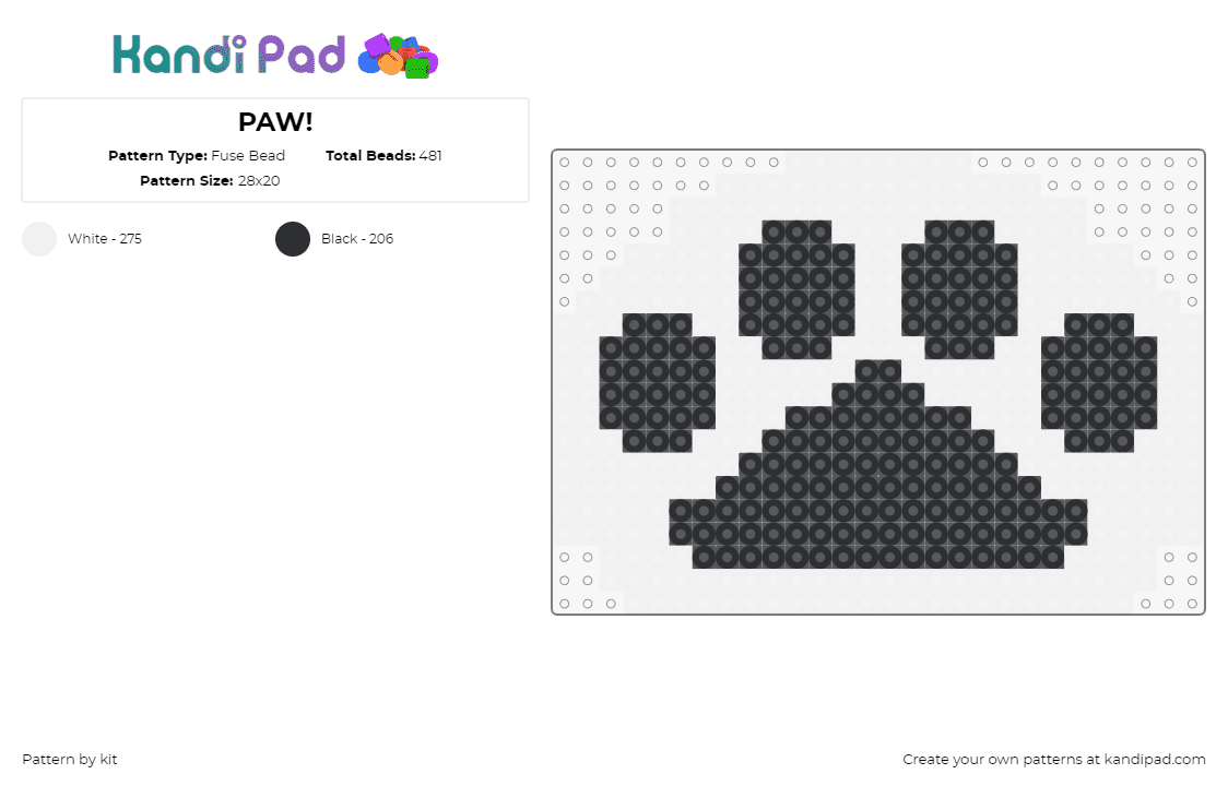 PAW! (you rock!) - Fuse Bead Pattern by kit on Kandi Pad - paw print,furry,cat,black,white