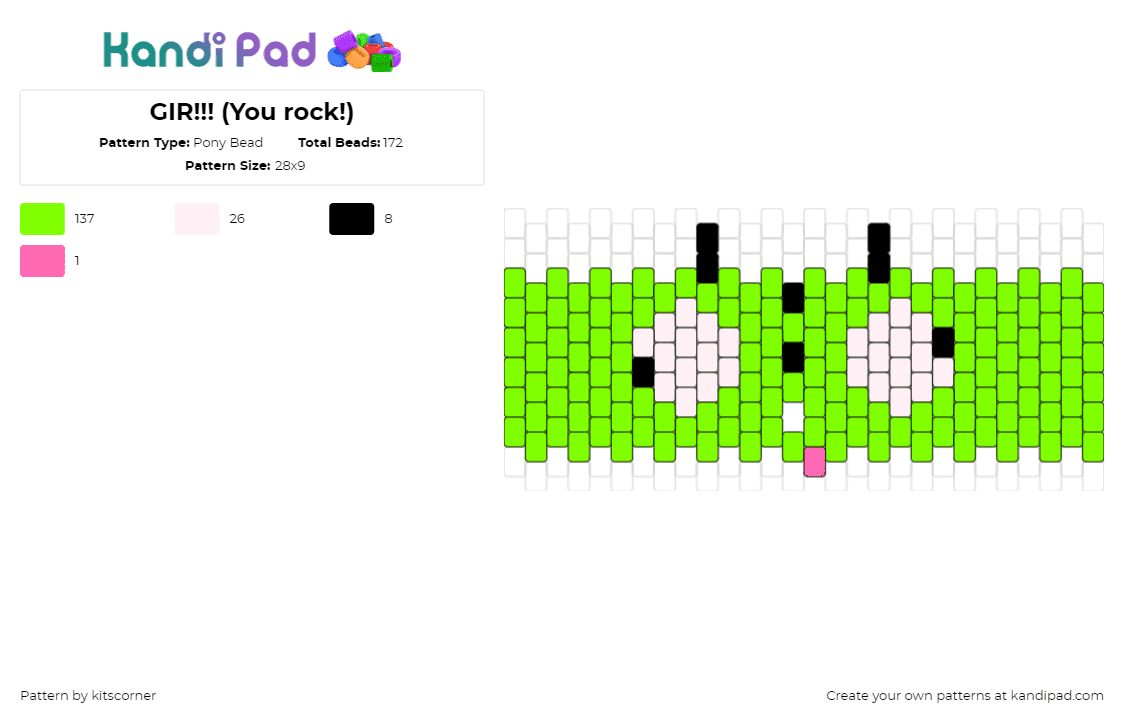 GIR!!! (You rock!) - Pony Bead Pattern by kit on Kandi Pad - gir,invader zim,derpy,cuff,cartoon,tv show,green,white