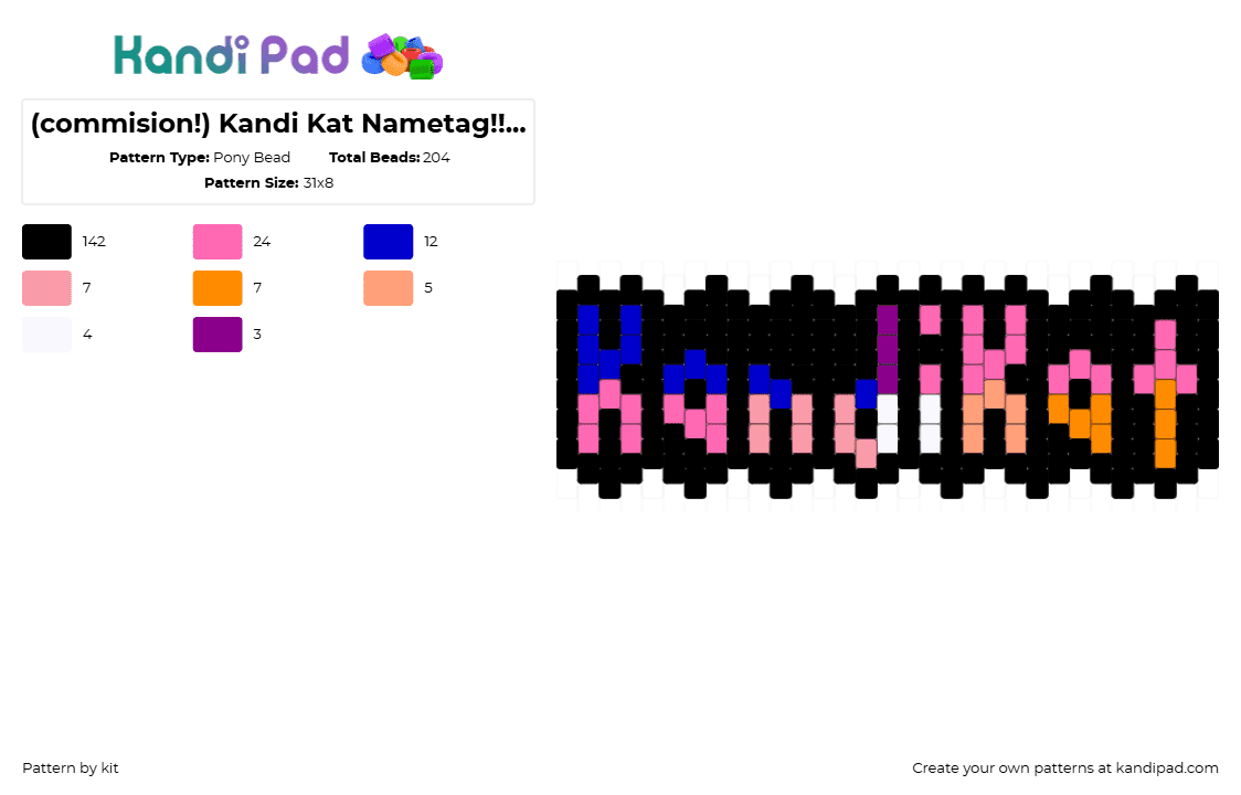 (commision!) Kandi Kat Nametag!!! (you rock!) - Pony Bead Pattern by kit on Kandi Pad - kandikat,name,text,charm,black,pink