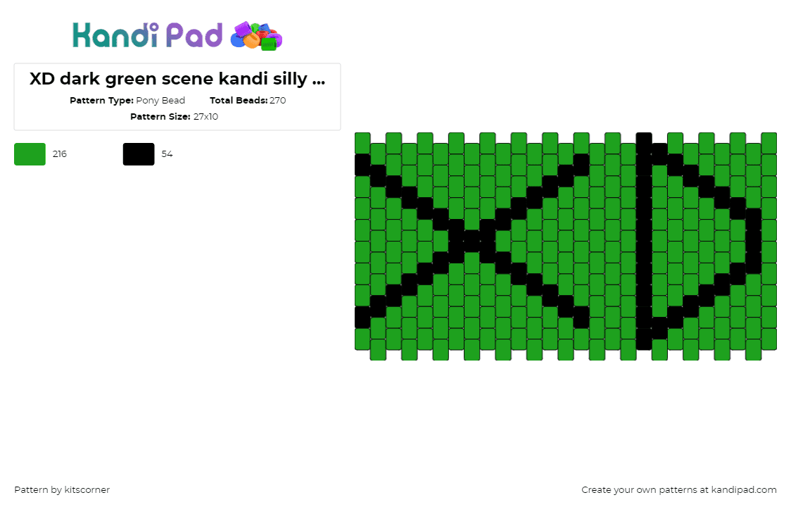 XD dark green scene kandi silly face (you rock <3) - Pony Bead Pattern by kitscorner on Kandi Pad - xd,emoticon,emoji,face,laugh,green