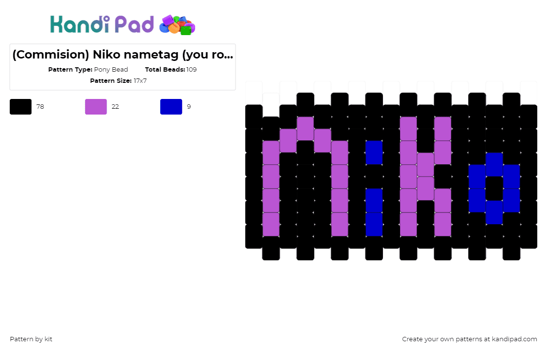 (Commision) Niko nametag (you rock!) - Pony Bead Pattern by kit on Kandi Pad - niko,name,text,charm,black,purple,blue