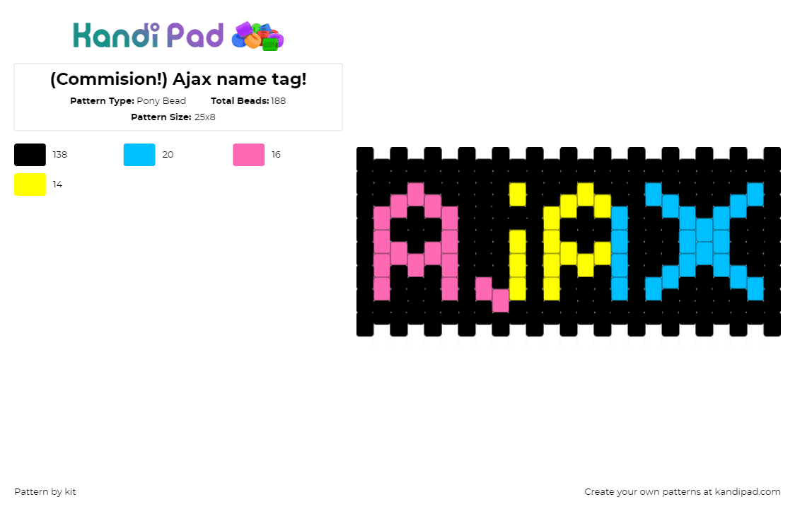 (Commision!) Ajax name tag! (you rock!) - Pony Bead Pattern by kit on Kandi Pad - ajax,name,pansexual,pride,text,black,pink,yellow,blue