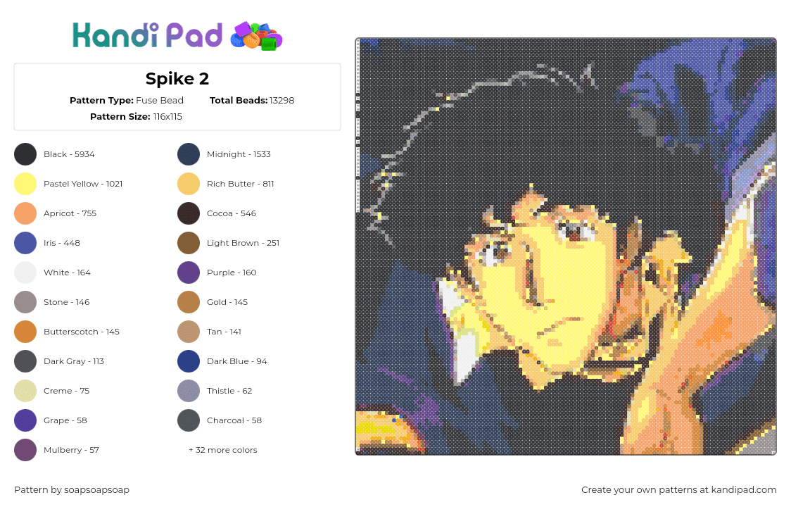 Spike 2 - Fuse Bead Pattern by soapsoapsoap on Kandi Pad - spike spiegel,cowboy bebop,anime,tv show,dark,portrait,yellow,black,blue