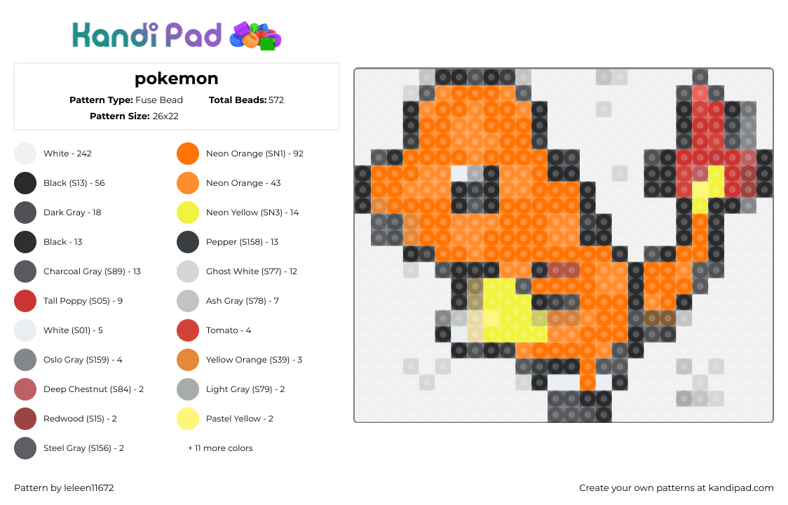 pokemon - Fuse Bead Pattern by leleen11672 on Kandi Pad - charmander,pokemon,character,starter,gaming,fiery,orange