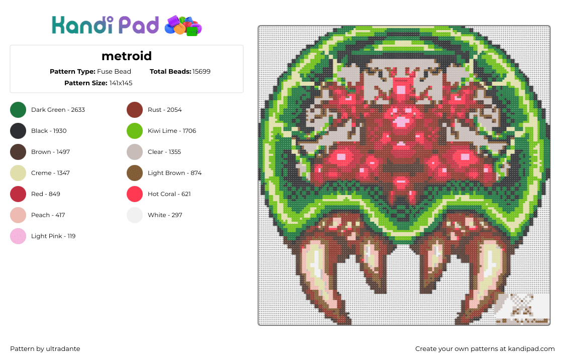 metroid - Fuse Bead Pattern by ultradante on Kandi Pad - metroid,larvae,video game,creature,alien,brain,green,red,tan