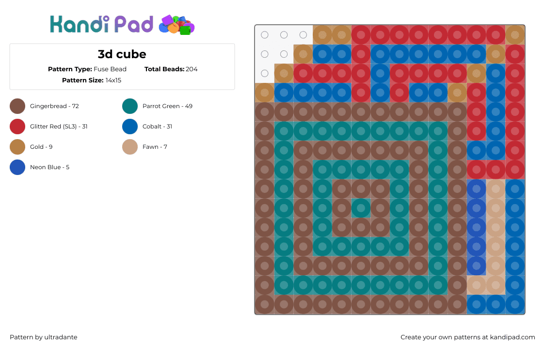 3d cube - Fuse Bead Pattern by ultradante on Kandi Pad - cube,geometric,3d,colorful,teal,brown,red,blue