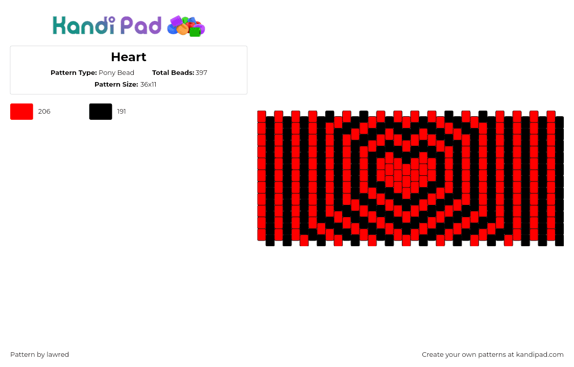 Heart - Pony Bead Pattern by lawred on Kandi Pad - hypnotic,heart,love,valentine,cuff,trippy,red,black