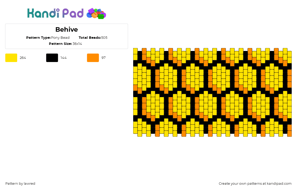 Behive - Pony Bead Pattern by lawred on Kandi Pad - honeycomb,beehive,geometric,hexagon,yellow,black,orange