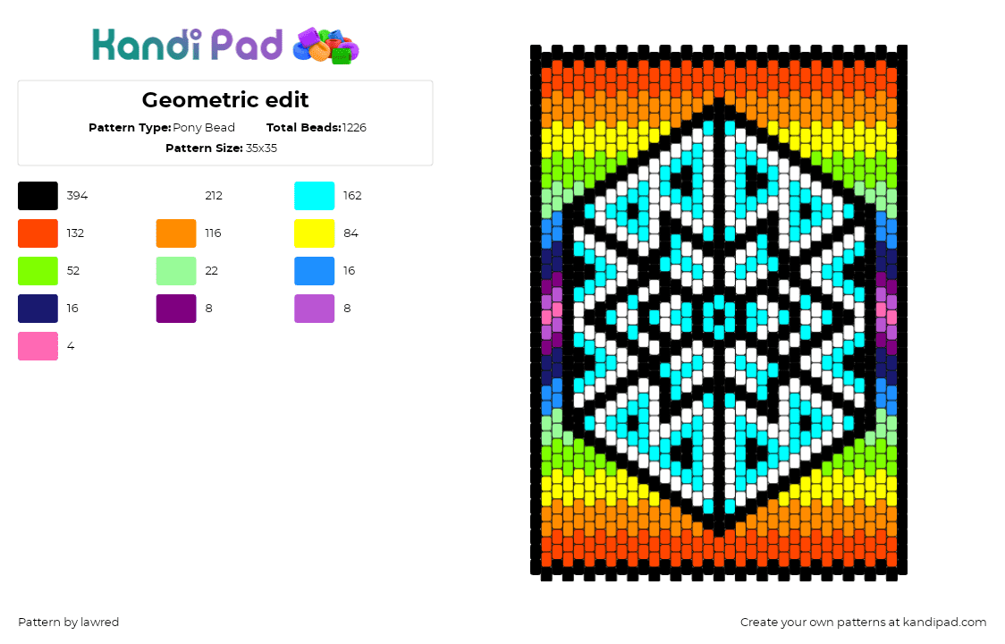 Geometric edit - Pony Bead Pattern by lawred on Kandi Pad - snowflake,icy,colorful,geometric,panel,ice,light blue,red,yellow