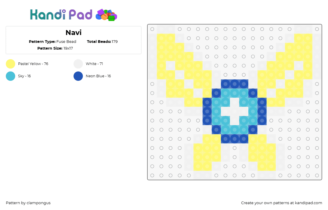 Navi - Fuse Bead Pattern by clampongus on Kandi Pad - navi,legend of zelda,fairy,glow,winged,video game,light blue,blue,yellow