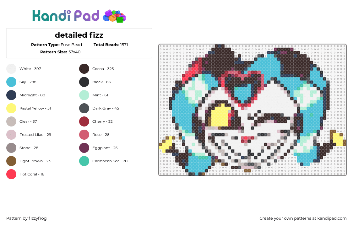 detailed fizz - Fuse Bead Pattern by f1zzyfrog on Kandi Pad - fizzarolli,hazbin hotel,helluva boss,jester,character,tv show,animation,white,teal