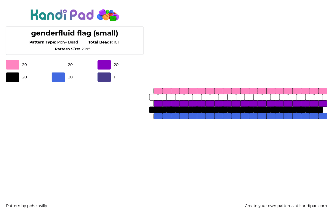 genderfluid flag (small) - Pony Bead Pattern by pchelasilly on Kandi Pad - genderfluid,pride,bracelet,cuff,pink,purple,blue