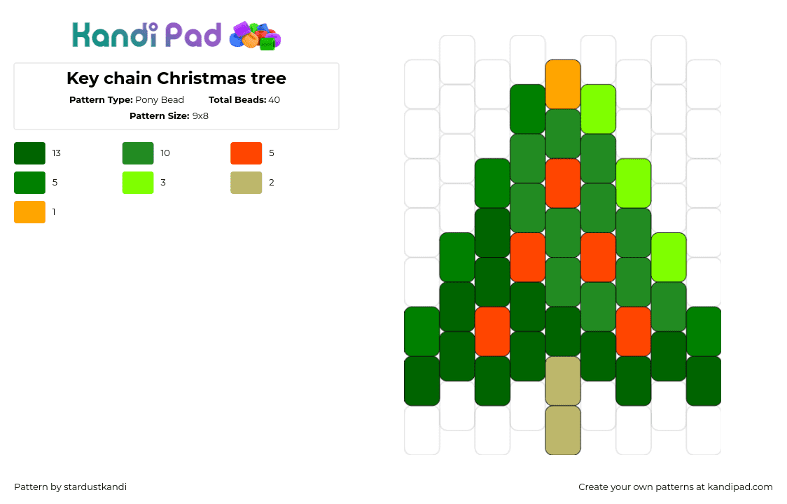Key chain Christmas tree - Pony Bead Pattern by stardustkandi on Kandi Pad - tree,christmas,pine,festive,holiday,ornaments,green,red