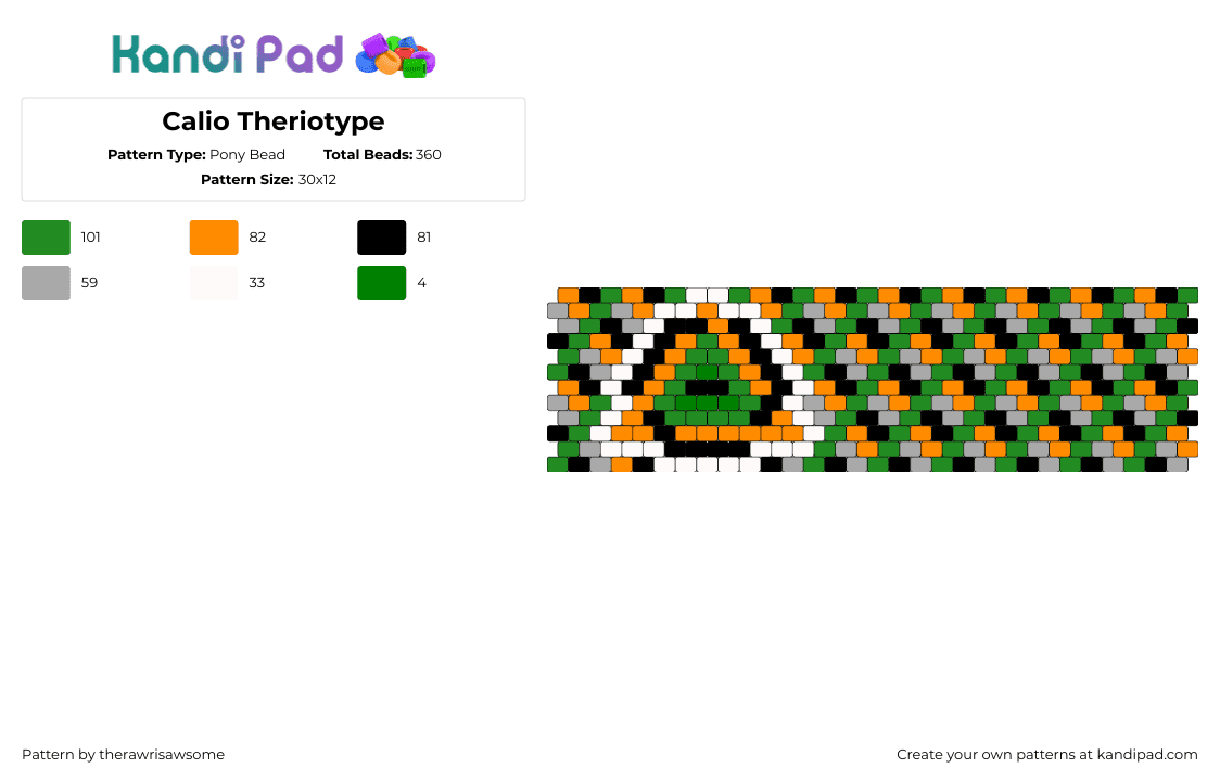 Calio Theriotype - Pony Bead Pattern by therawrisawsome on Kandi Pad - calio,therian,theriotype,pride,geometric,cuff,weave,zig zag,green,orange