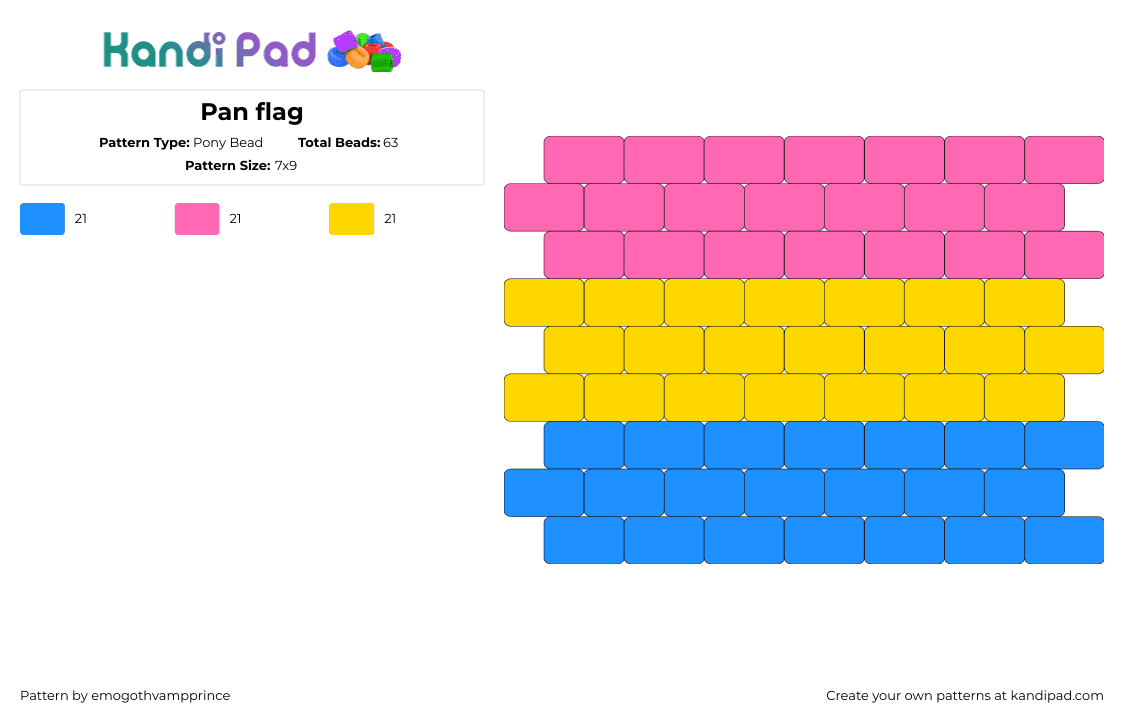 Pan flag - Pony Bead Pattern by emogothvampprince on Kandi Pad - pansexual,pride,flag,stripes,simple,pink,yellow,blue