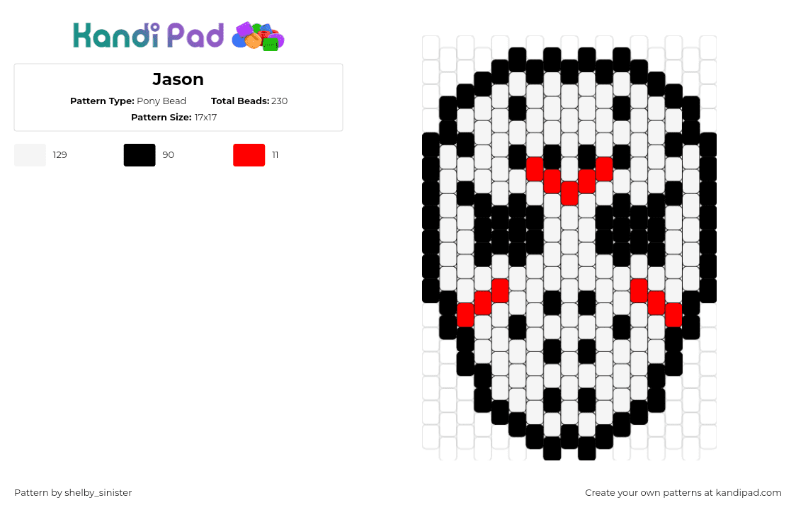 Jason - Pony Bead Pattern by shelby_sinister on Kandi Pad - jason,friday the 13th,mask,horror,villain,slasher,halloween,hockey,spooky,white,red,black