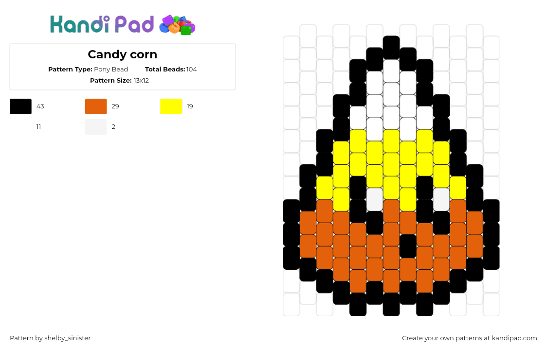 Candy corn - Pony Bead Pattern by shelby_sinister on Kandi Pad - candy corn,halloween,cute,trick or treat,face,orange,yellow,white