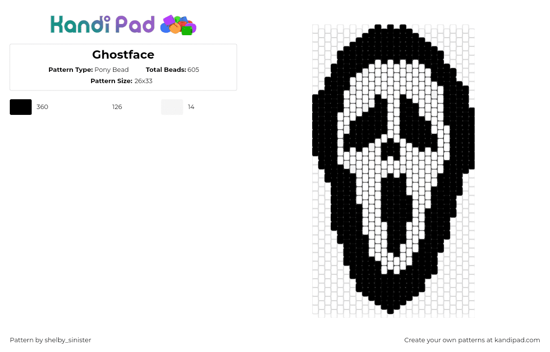 Ghostface - Pony Bead Pattern by shelby_sinister on Kandi Pad - ghostface,scream,mask,horror,spooky,villain,black