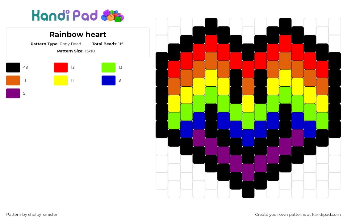 Rainbow heart - Pony Bead Pattern by shelby_sinister on Kandi Pad - smiley,heart,rainbow,colorful,cute,love,valentine,black,green,red,yellow