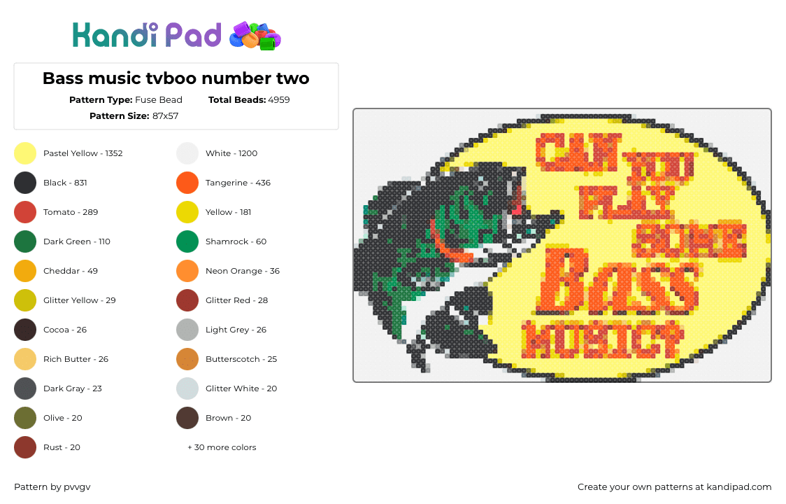 Bass music tvboo number two - Fuse Bead Pattern by pvvgv on Kandi Pad - tvboo,bass pro shops,fish,text,music,edm,dj,yellow,orange,green