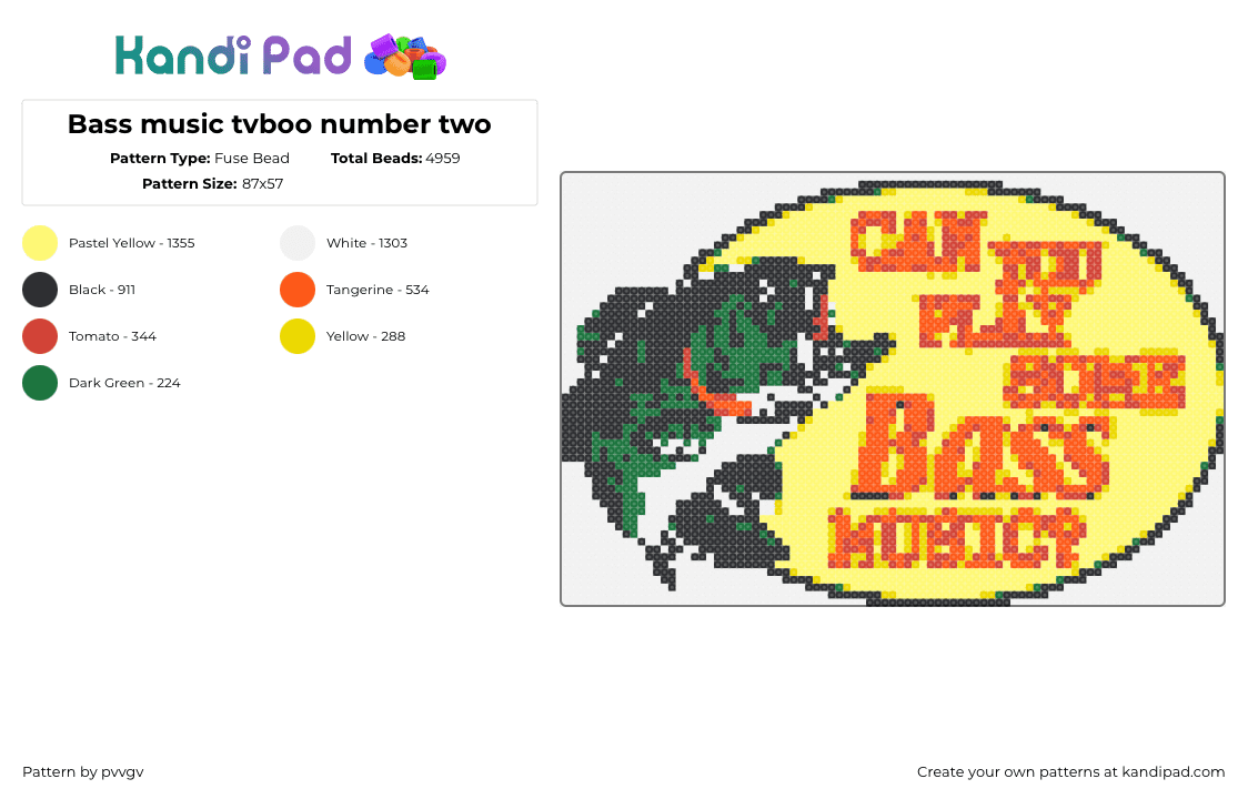 Bass music tvboo number two - Fuse Bead Pattern by pvvgv on Kandi Pad - tvboo,bass pro shops,fish,text,music,edm,dj,yellow,orange,green