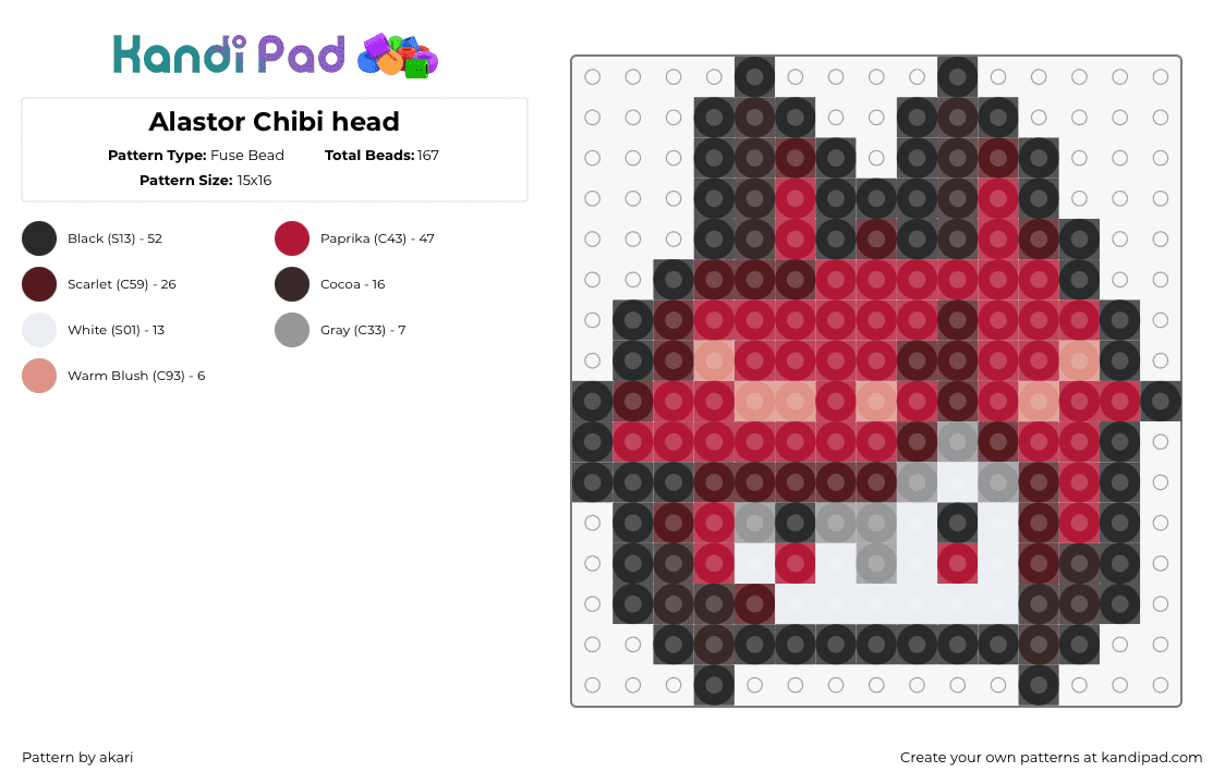 Alastor Chibi head - Fuse Bead Pattern by akari on Kandi Pad - alastor,hazbin hotel,helluva boss,head,chibi,white,red